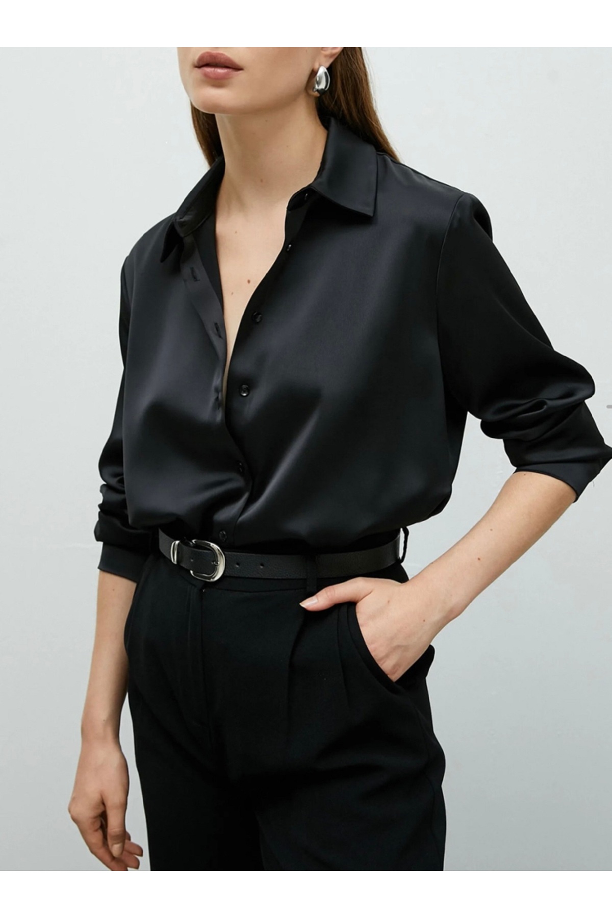 Ruby Wear  Kadın Saten Dökümlü Rahat Kalıp Günlük Gömlek