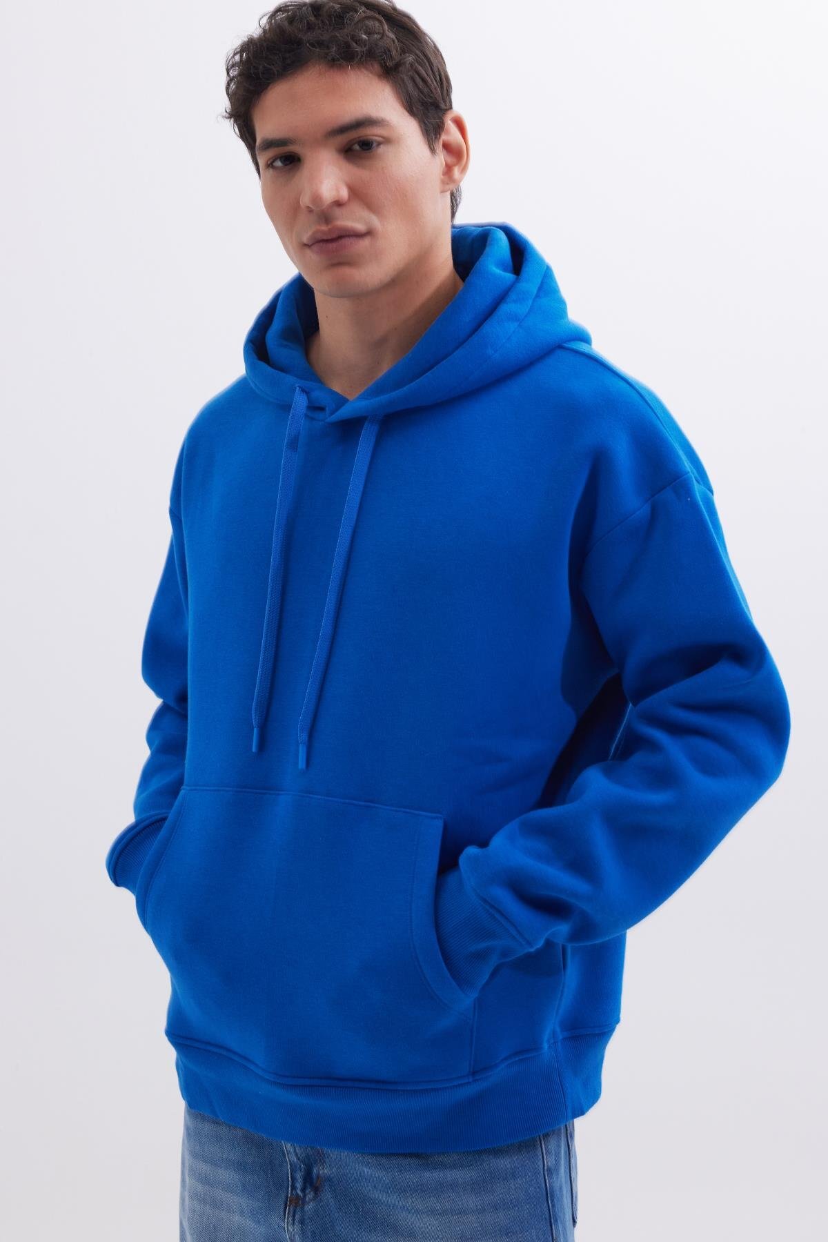 Tudors  Unisex Oversize Geniş Kesim Pamuklu Yumuşak Dokulu İçi Polarlı Basic Sax Mavi Kapüşonlu Sweatshirt - Görsel 5