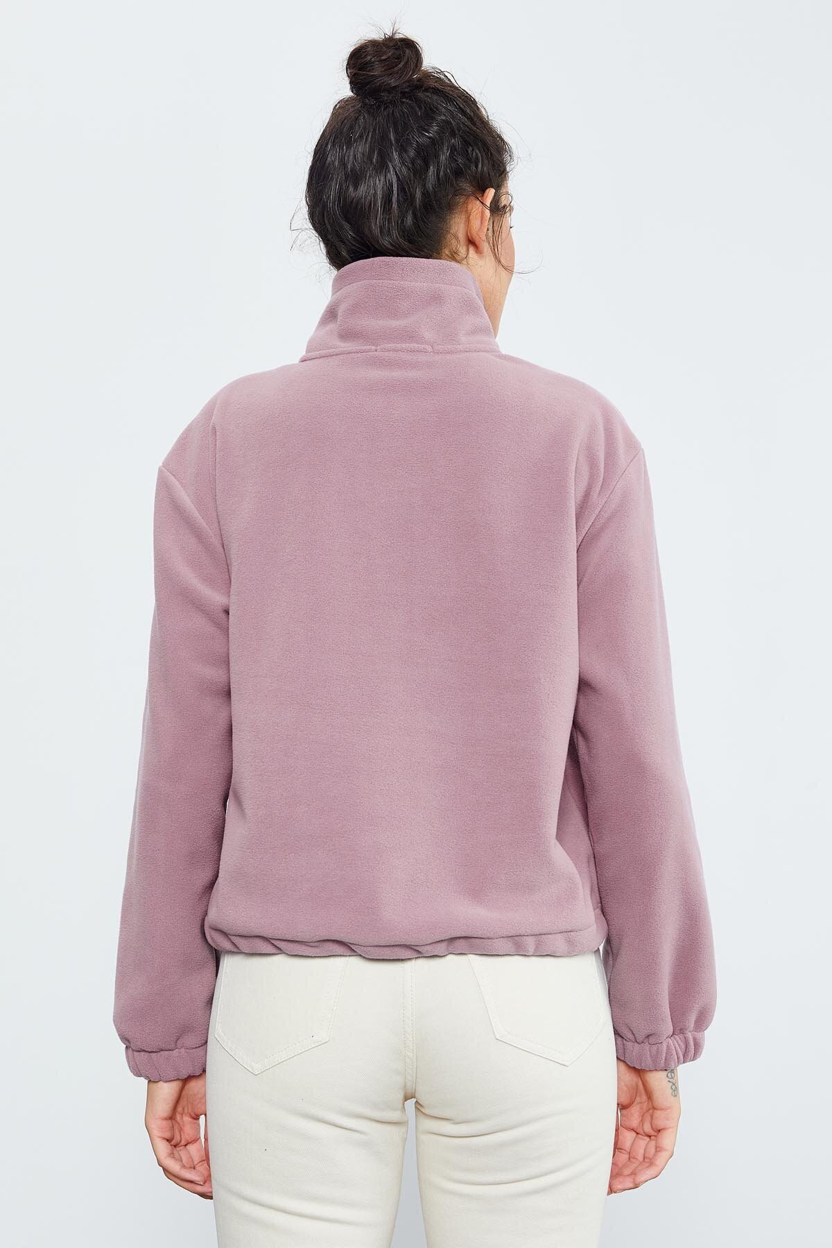 TOMMY LIFE Gül Kurusu Yarım Fermuar Etek Ucu Büzgülü Kadın Polar Standart Kalıp Sweatshirt - 97171 görsel 6