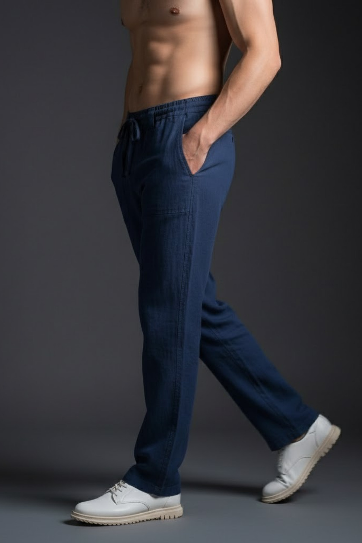 COMBİNE MİCHAİL  Erkek Salaş Bol Paça Lacivert Keten Pantolon - Görsel 4