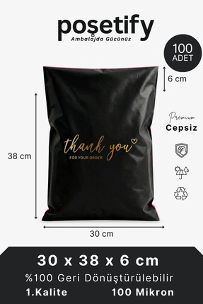 POŞETİFY Premium Renkli Kargo Poşeti 30x38x6 cm | 100 Adet | Thank You Baskıl...
