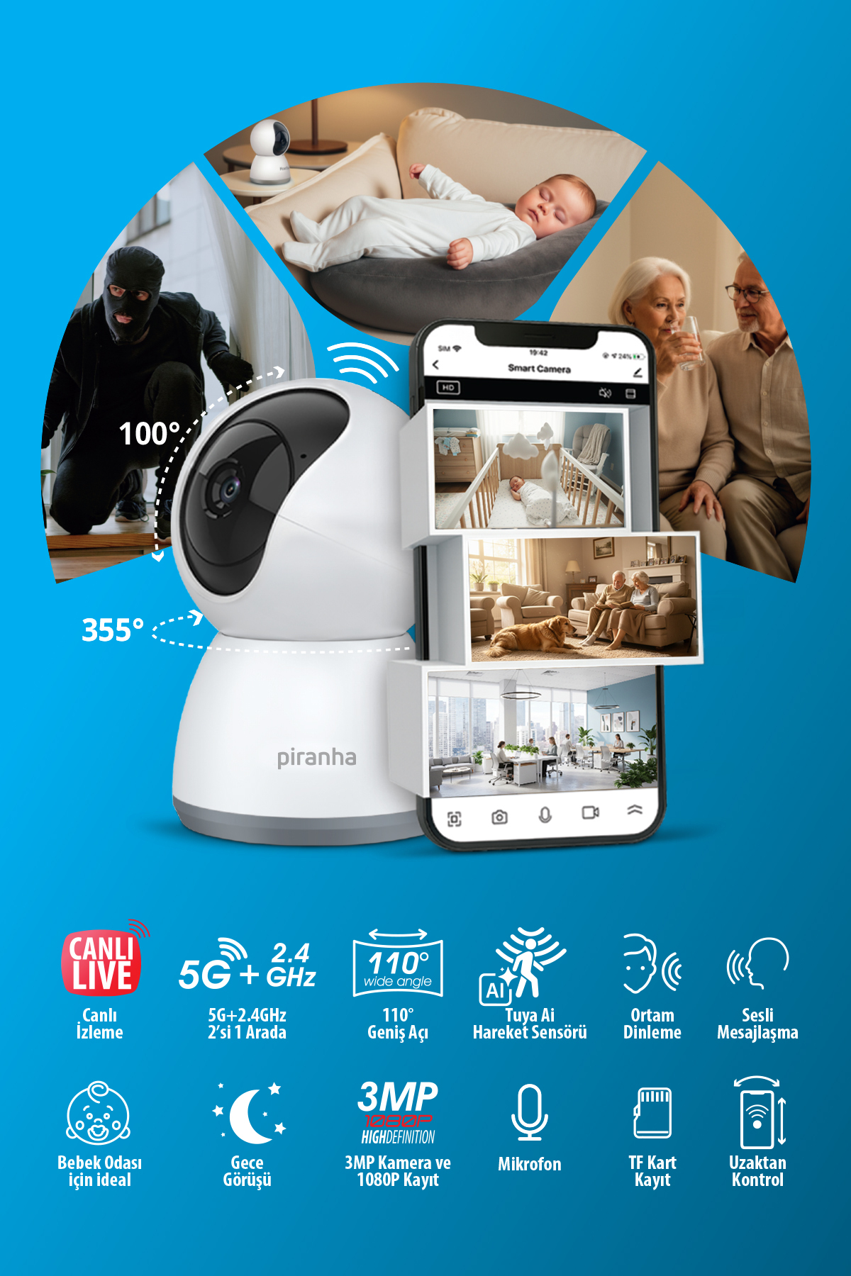 Piranha Ip Bebek Kamerası Gece Görüşlü HD 1080P | Hareket Sensörlü | Bebek Telsizi | Wifi & Tuya Smart fotoğrafı 2 (önizleme)