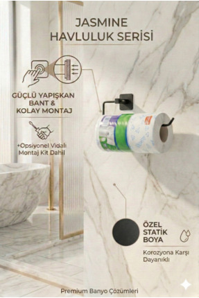 Alper Banyo Yapışkanlı Siyah Kare Solo Havluluk | Rulo Havlu Askısı | Dolap A...