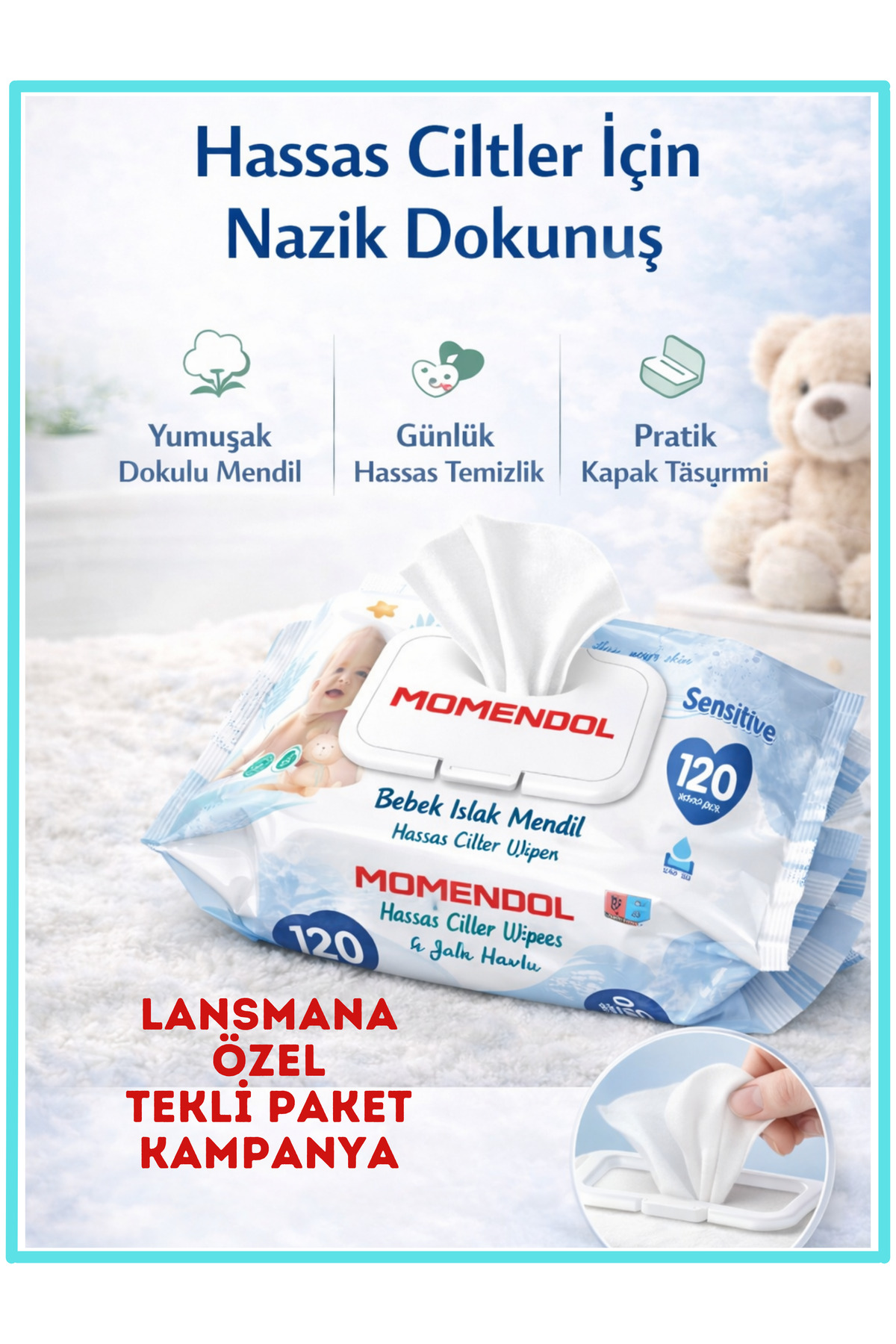 momendol 120li Bebek Islak Mendil Saf Su Bazlı Parfümsüz Hassas Yenidoğan %0 Alkol Paraben Sensitive Havlu fotoğrafı 4 (önizleme)