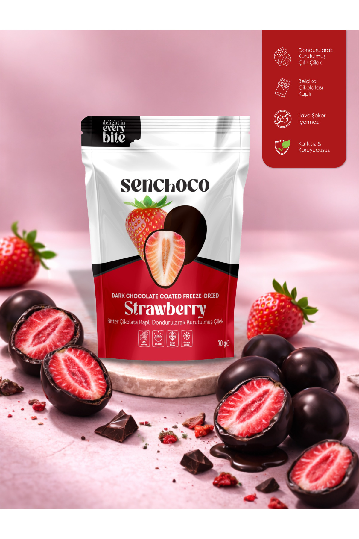 SENChOCO Bitter Çikolata Kaplı Dondurularak Kurutulmuş Çilek