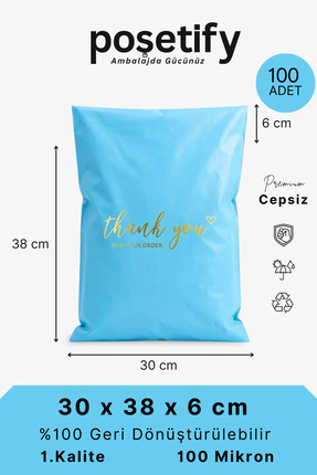 POŞETİFY Premium Renkli Kargo Poşeti 30x38x6 cm | 100 Adet | Thank You Baskıl...