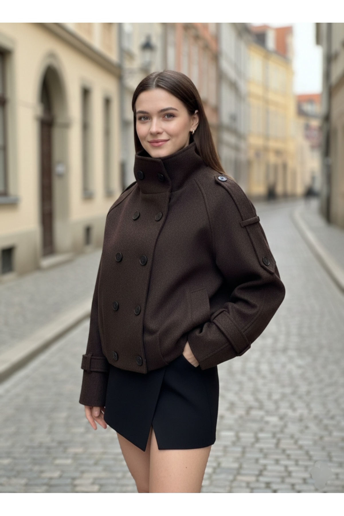 Lovely butik  KOYU KAHVE KRUVAZE DİK YAKA KAŞE KISA MONT CEKET - Görsel 2