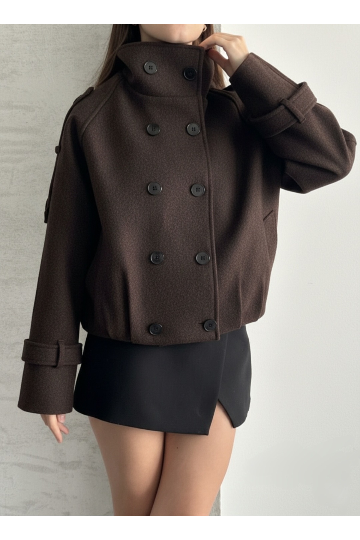 Lovely butik  KOYU KAHVE KRUVAZE DİK YAKA KAŞE KISA MONT CEKET
