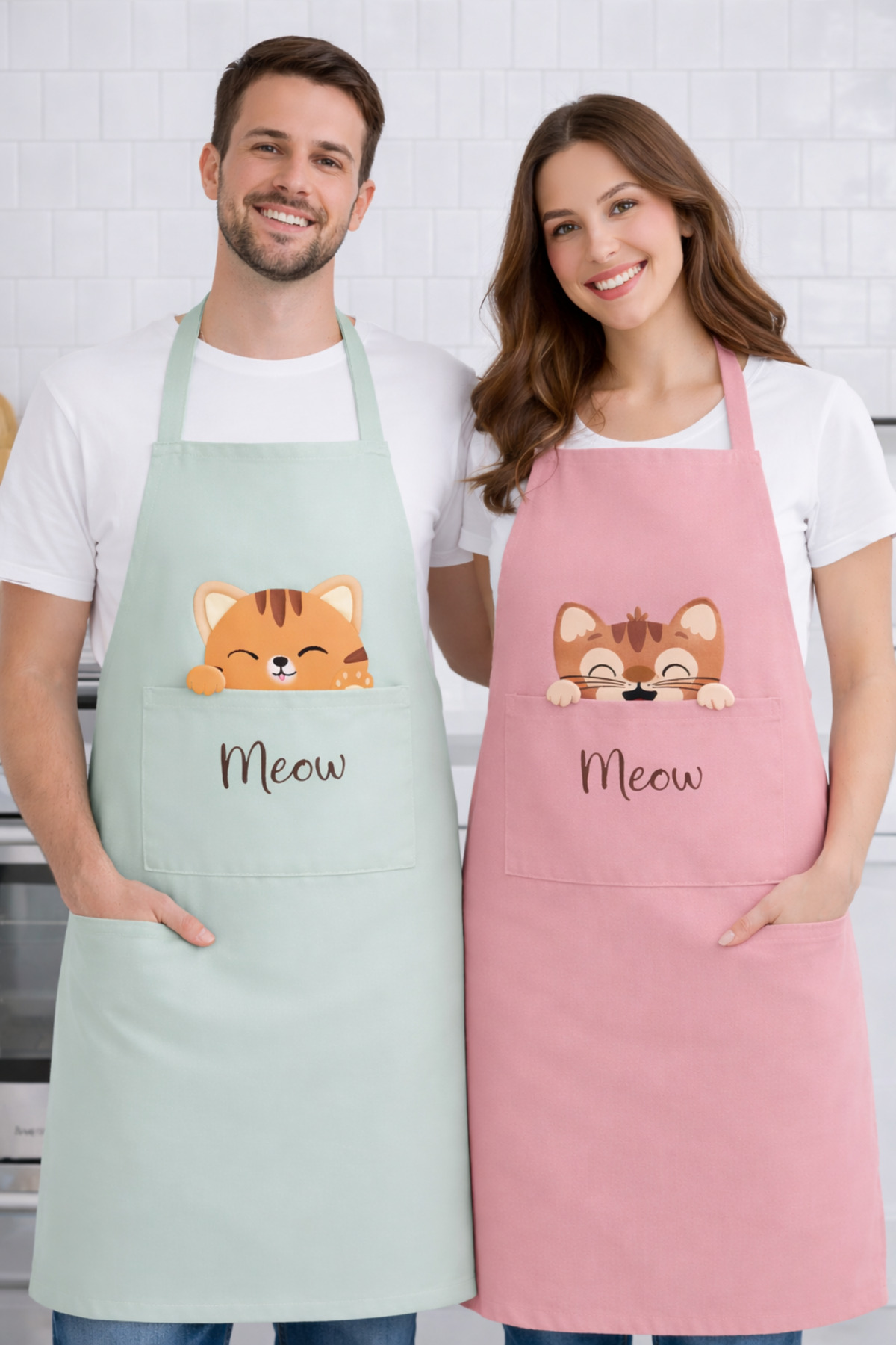 Ays Home Mint 2-Piece Cat Printed Kitchen Apron Set with Powder Pockets