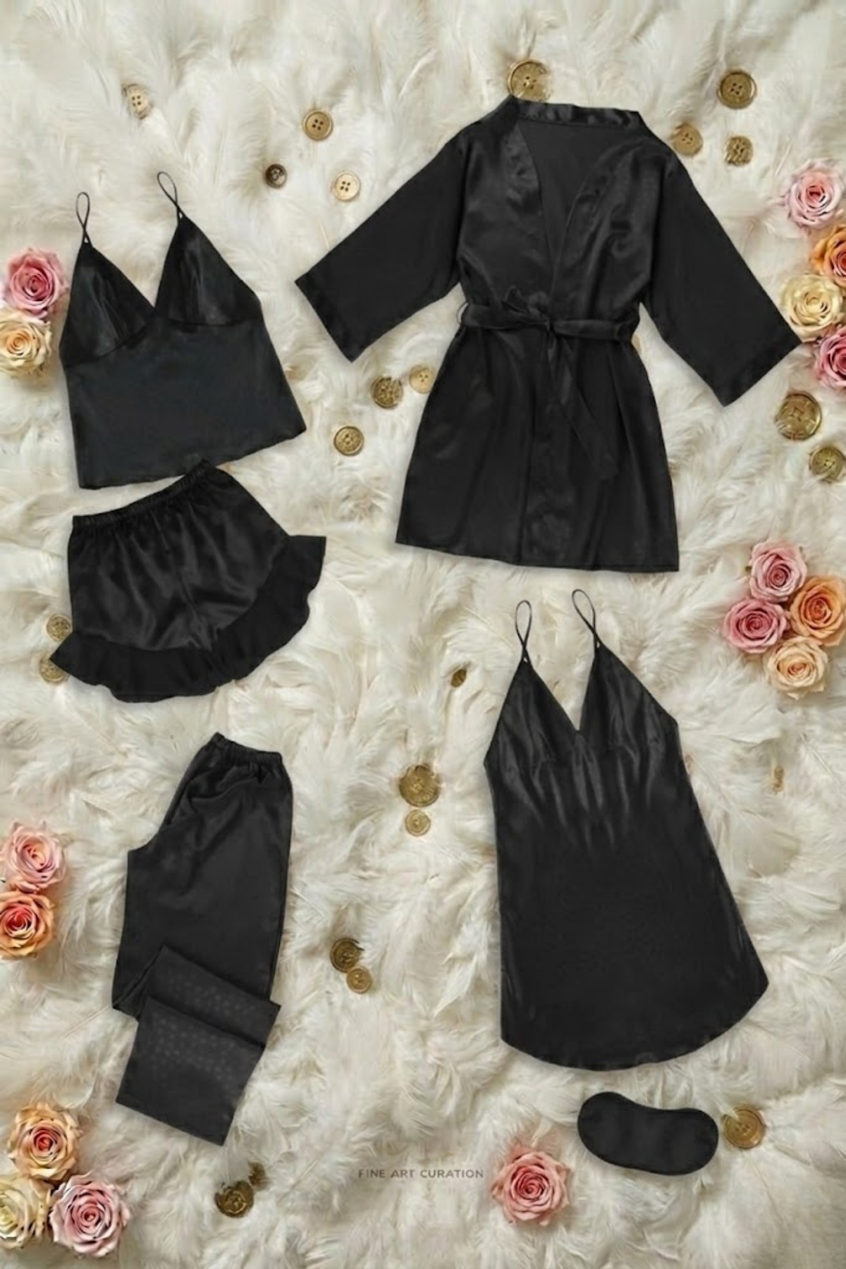 ZENCHES Kadın Saten 6’lı Çeyiz Seti -Gecelik,Pijama Takımı