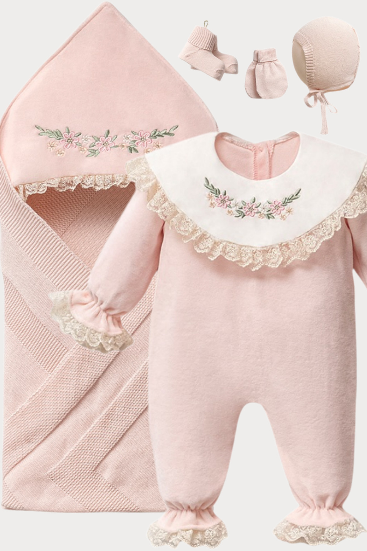 Naka Concept Pembe 5’li Yenidoğan Kız Bebek Hastane Çıkışı Seti Nakışlı Tulum+Battaniye+Şapka+Eldiven+Patik fotoğrafı 2 (önizleme)