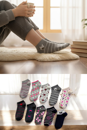 KAYSSOCK Kadın 10’lu Pamuklu Desenli Patik Çorap Seti Rahat Nefes Alan Karışı...