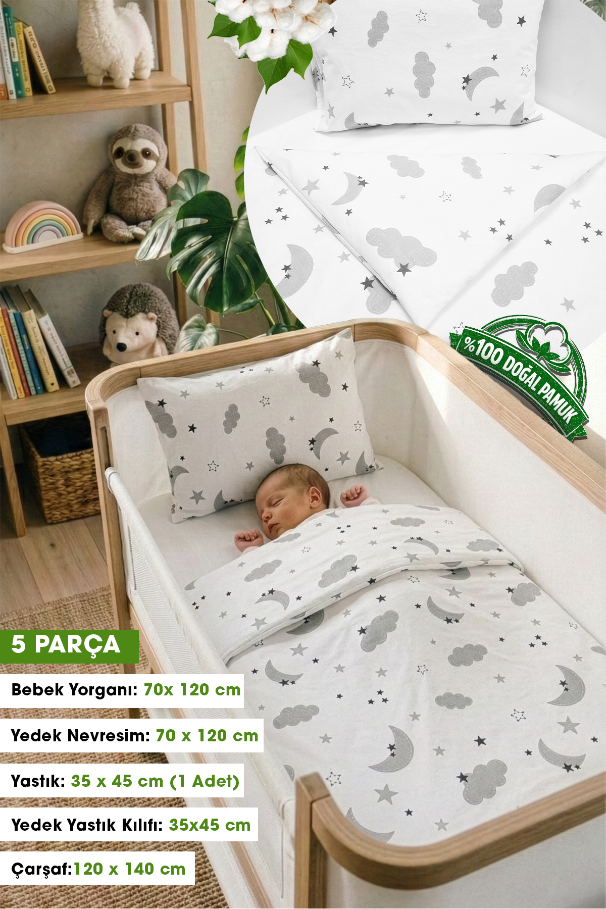 100% Cotton Fabric Baby 5-Piece Quilt & Duvet Cover Set & Sleeping Set (70 X 120 CM)
