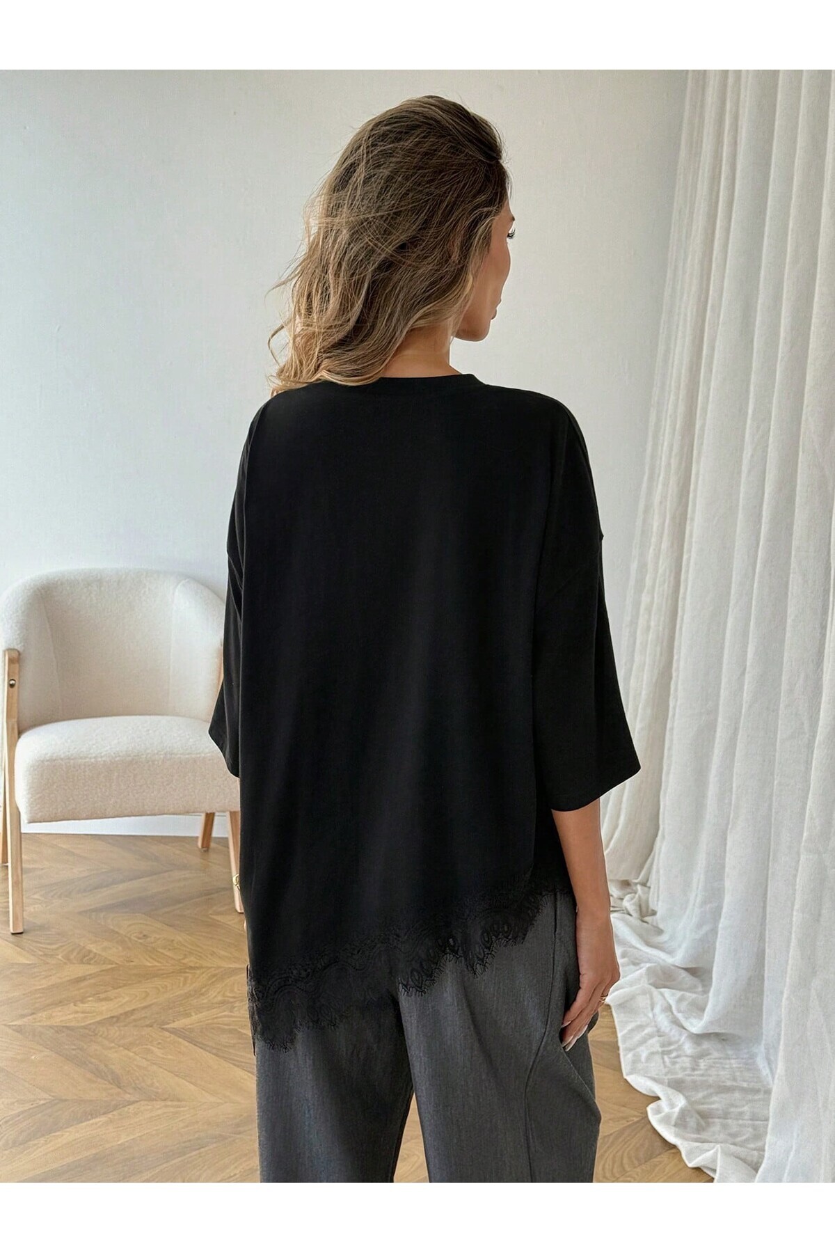 meren like your style  siyah oversize tişört asimetrik etek ucu kısa kollu üst - Görsel 2