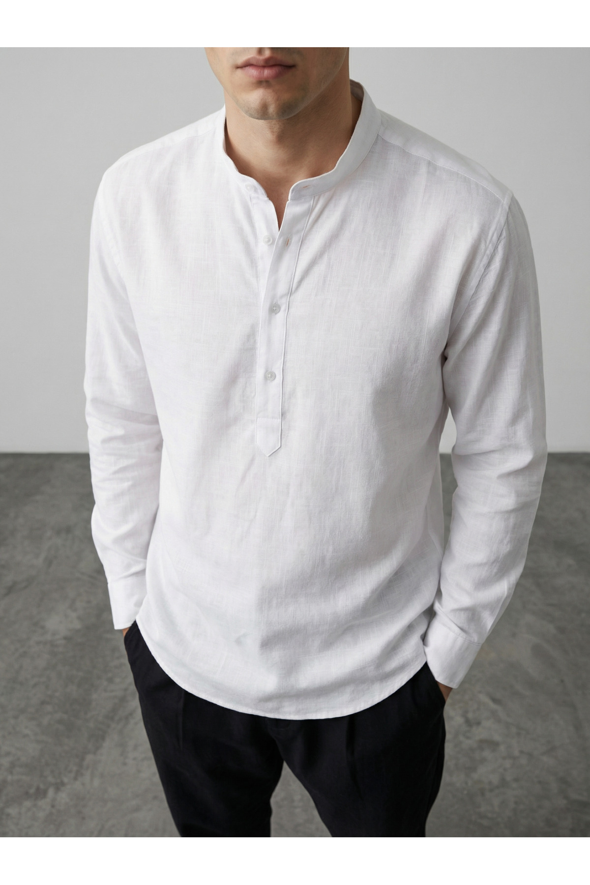 WAMOSSALAPLI  Uzun Kollu Hakim Yaka Üç Düğmeli Keten Dar Kesim Beyaz Gömlek - Görsel 7