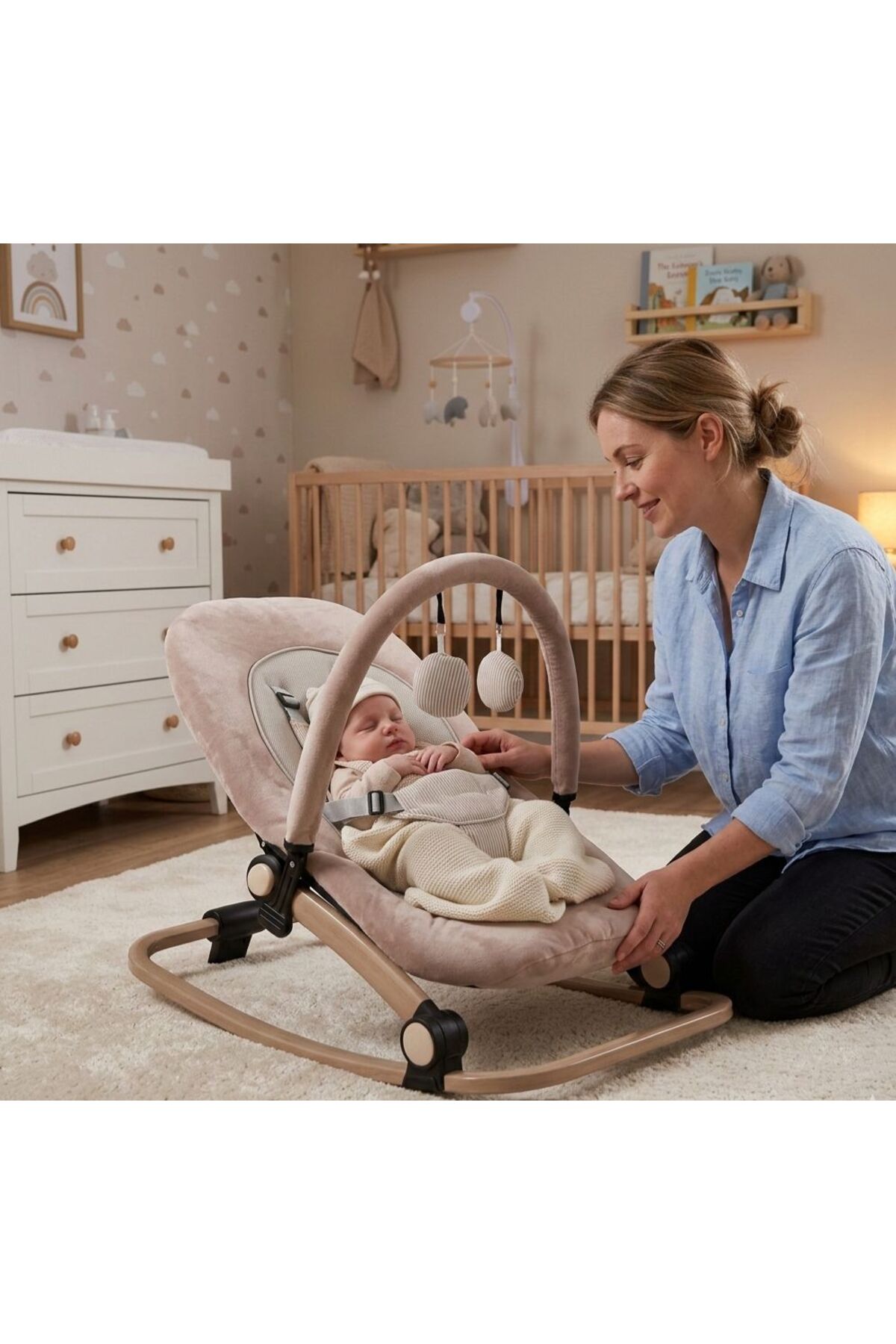 TURHAN BEBE Pamuklu Kumaş Oyuncaklı Sallanır Sabitlenir Katlanır Ana Kucağı Beşik KREM fotoğrafı 3 (önizleme)