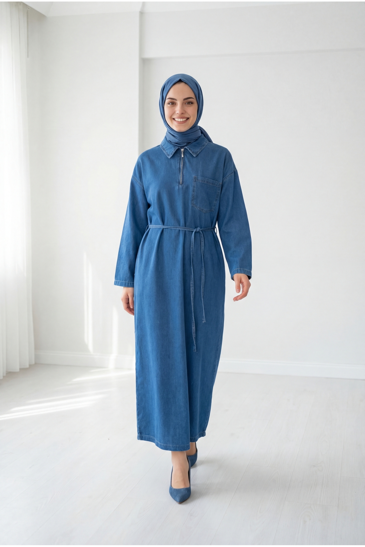 Amazing One Pocket Half Zipper Denim Dress-ML2058 Blue