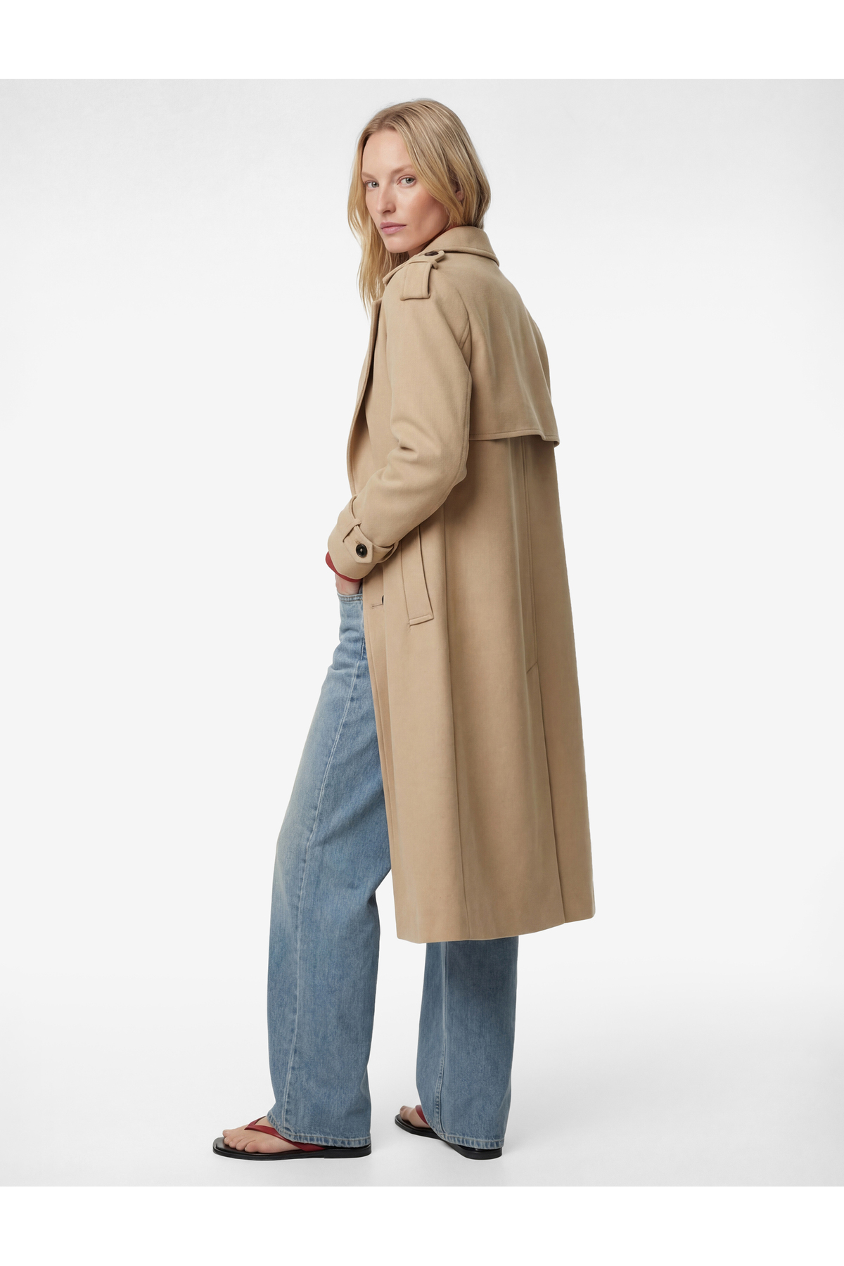 Koton  Uzun Kollu Cepli Düğmeli Kuşak Detaylı Kruvaze Kaşe Trenç Kaban - Görsel 2