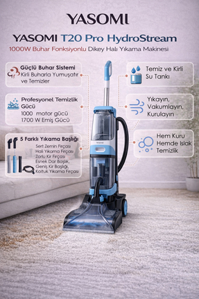 Yasomi T20 Pro HydroStream Buharlı Dikey Halı Yıkama Koltuk Yıkama ve Buharlı...