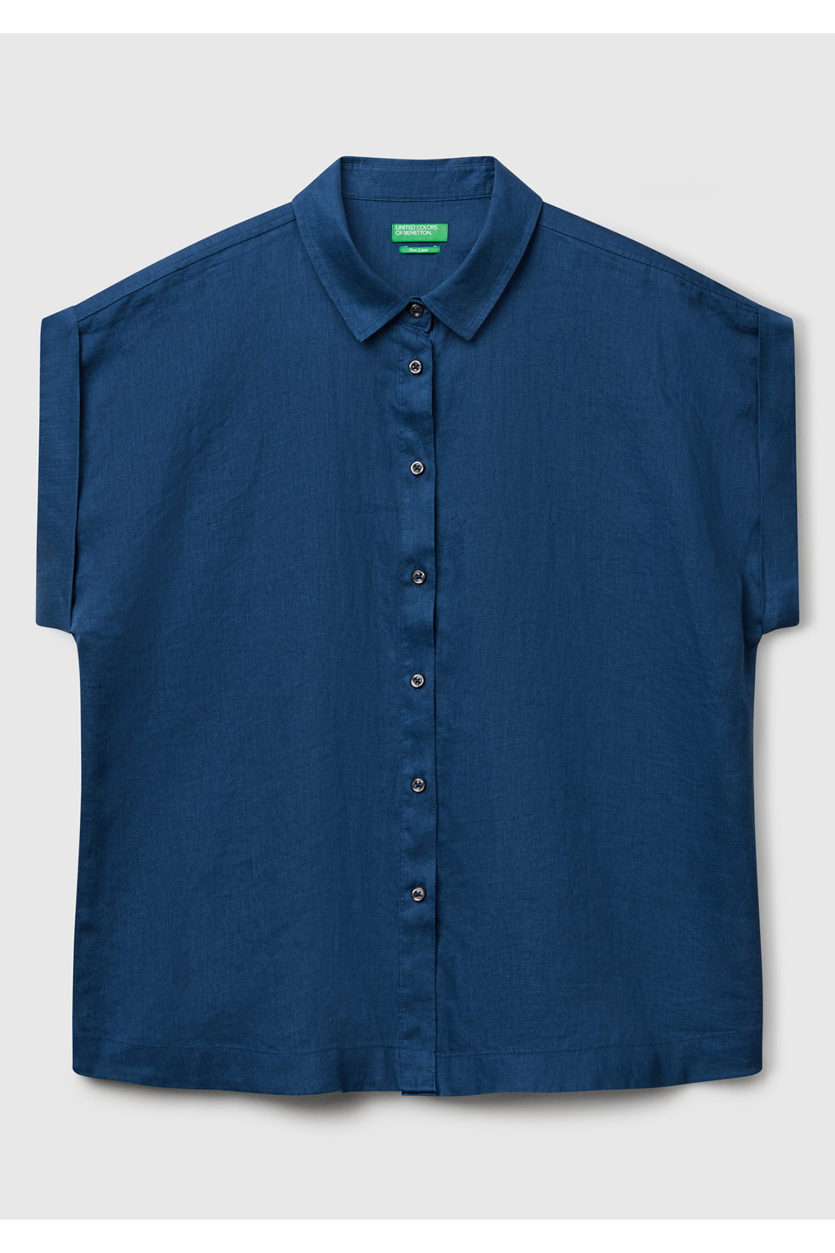 United Colors of Benetton  Kadın Denim %100 Keten Omuz Detaylı Kısa Kollu Gömlek - Görsel 2