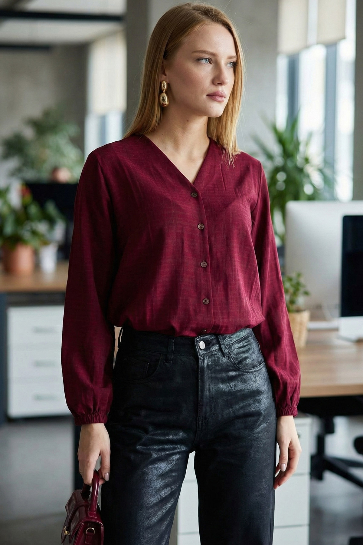 armonika  Kadın Bordo Kolu Lastikli Bürümcük Gömlek ARM-24K001002 - Görsel 4