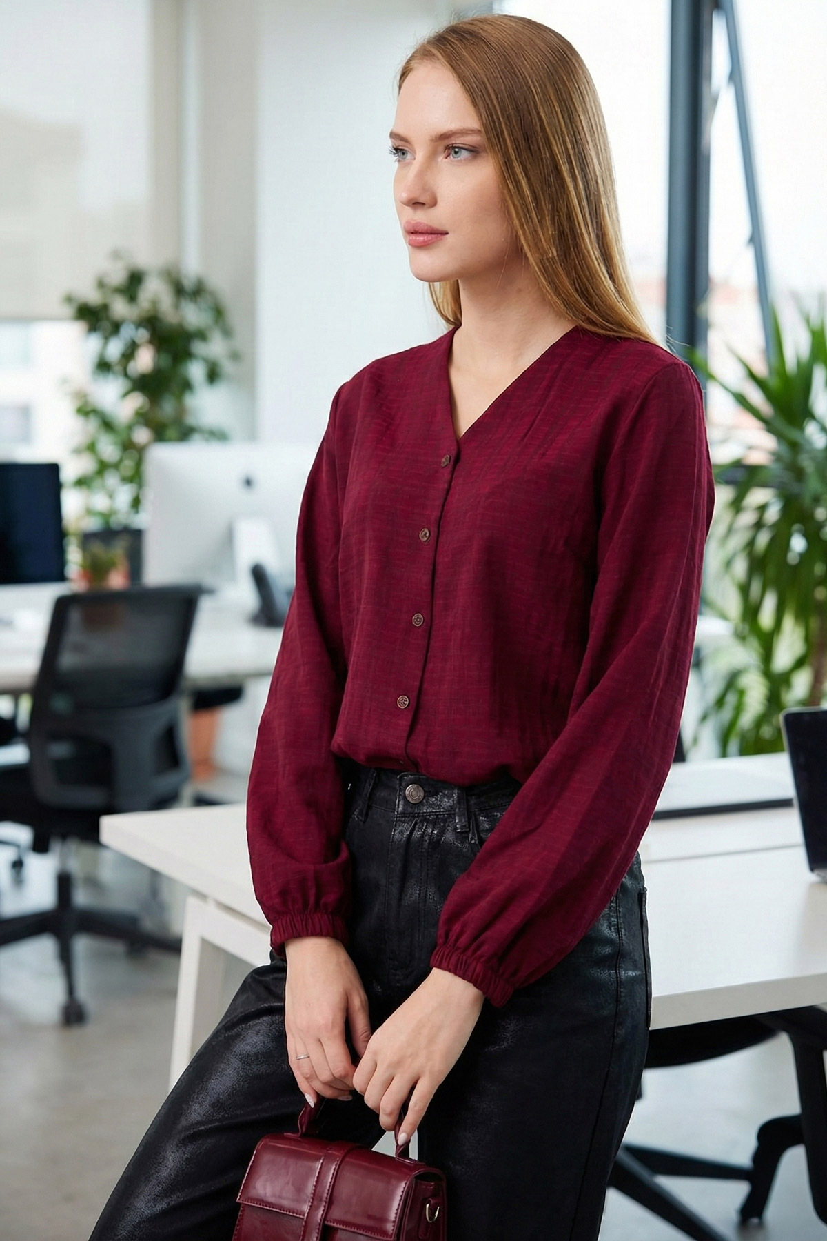 armonika  Kadın Bordo Kolu Lastikli Bürümcük Gömlek ARM-24K001002