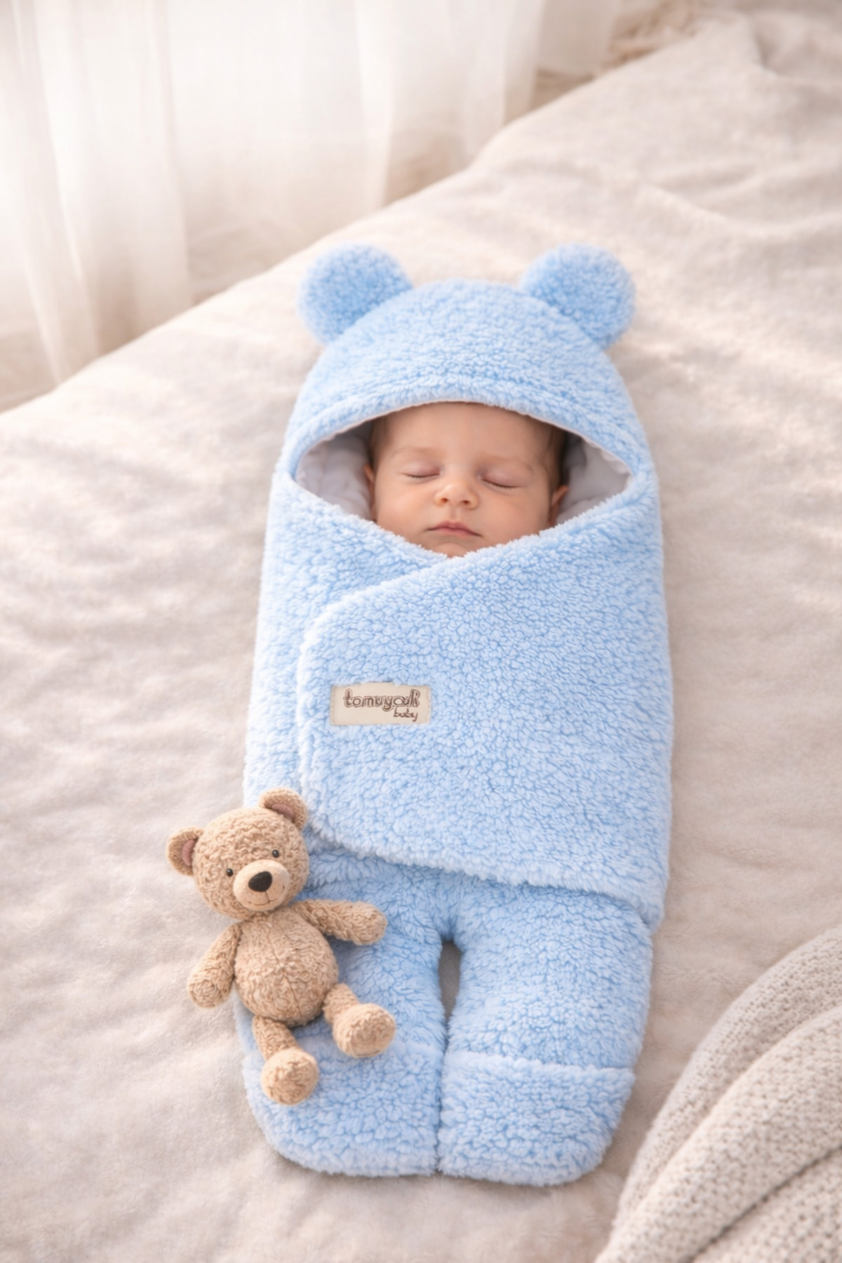 Tomuycuk 0-12 Ay İçi Elyaflı Peluş Welsoft Kulaklı Mavi Dış Bebek Kundak & Battaniyesi Kışlık Uyku Tulumu fotoğrafı 3 (önizleme)