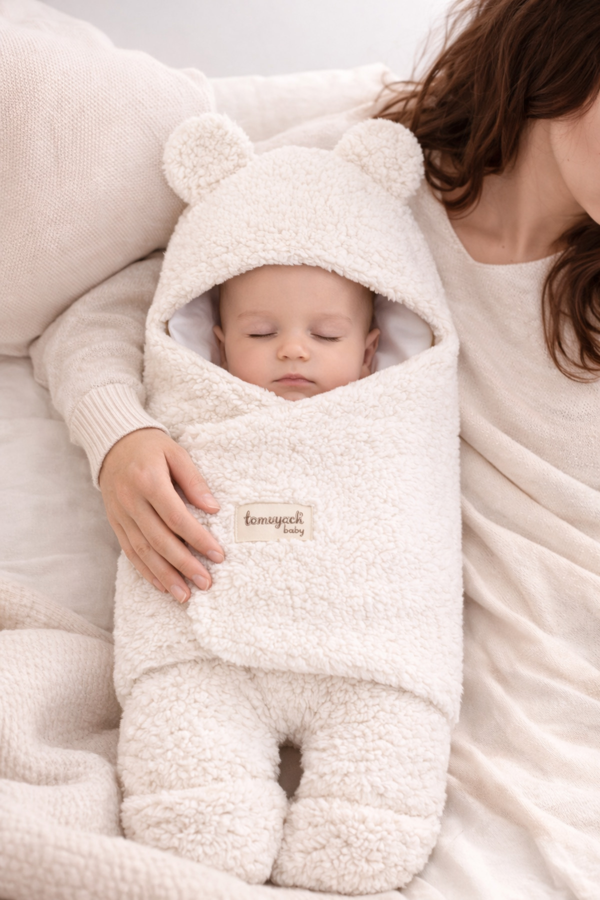 Tomuycuk 0-12 Ay İçi Elyaflı Peluş Welsoft Kulaklı Ekru Dış Bebek Kundak & Battaniyesi Kışlık Uyku Tulumu fotoğrafı 2 (önizleme)