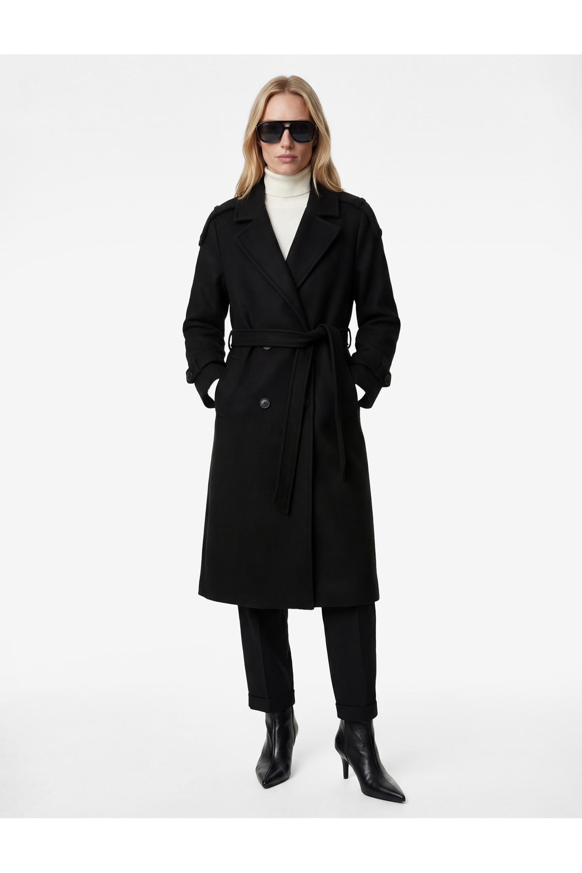 Koton  Uzun Kollu Cepli Düğmeli Kuşak Detaylı Kruvaze Kaşe Trenç Kaban