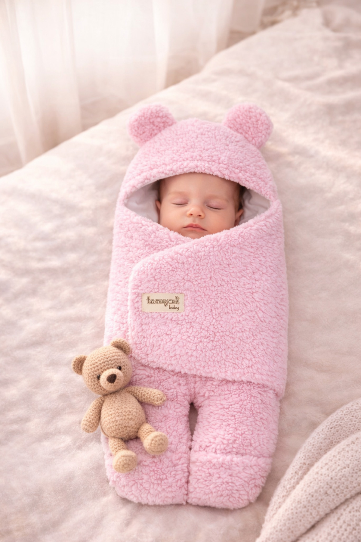 Tomuycuk 0-12 Ay İçi Elyaflı Peluş Welsoft Kulaklı Pembe Dış Bebek Kundak & Battaniyesi Kışlık Uyku Tulumu fotoğrafı 3 (önizleme)