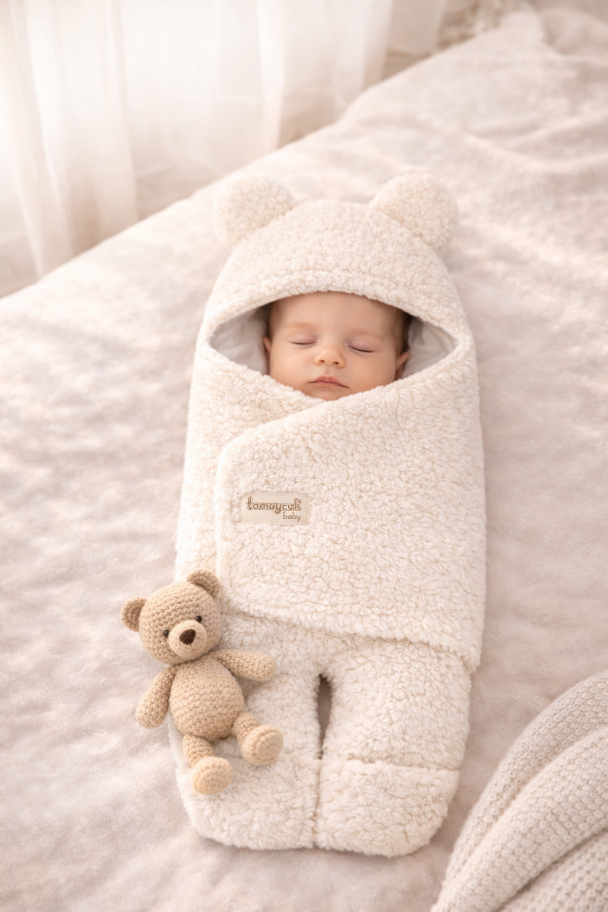Tomuycuk 0-12 Ay İçi Elyaflı Peluş Welsoft Kulaklı Ekru Dış Bebek Kundak & Battaniyesi Kışlık Uyku Tulumu fotoğrafı 3 (önizleme)
