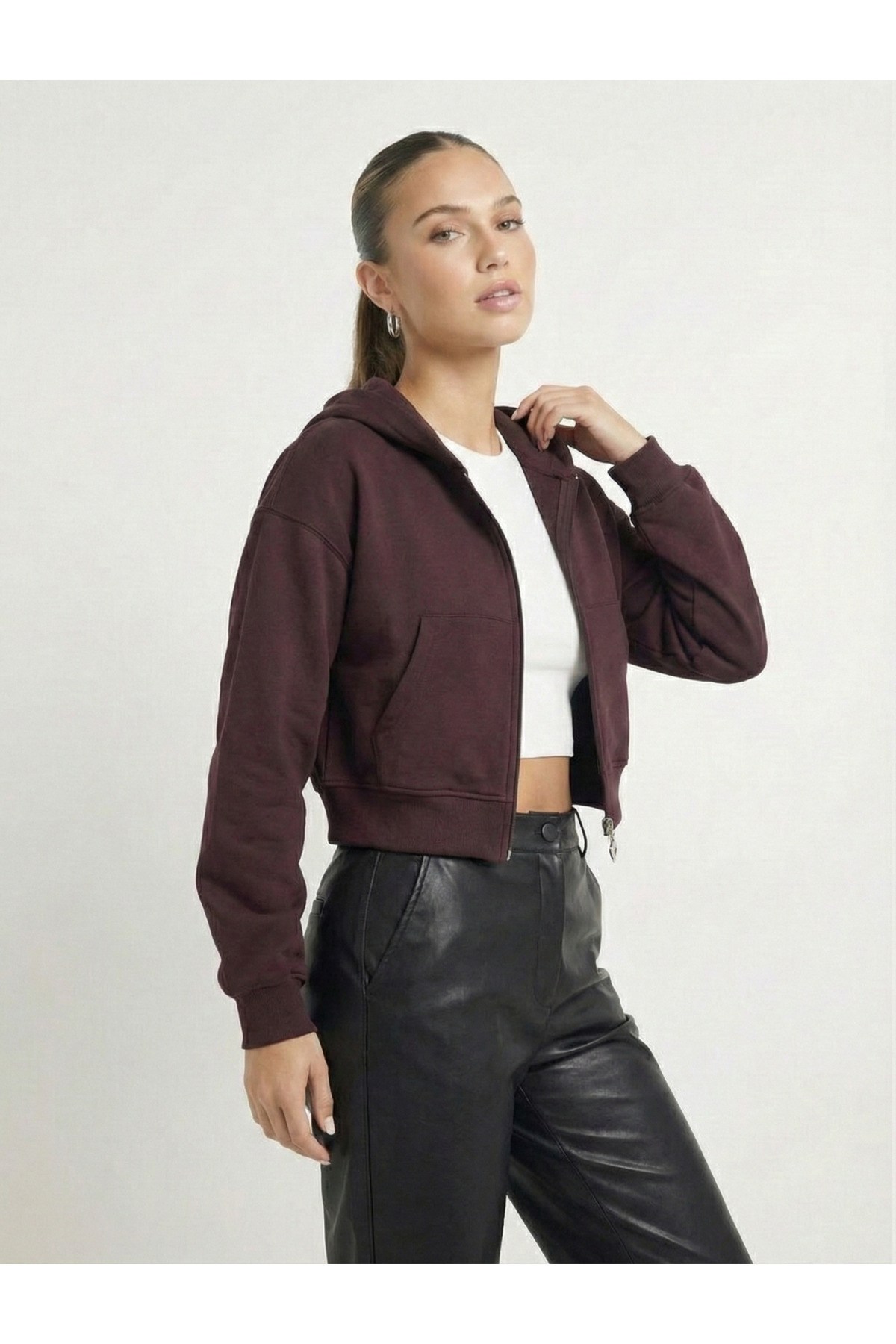 NEW JOURNAL Kadın Bordo 2 İplik Fermuarlı Kapüşonlu Kısa Sweatshirt NJ35 görsel 2