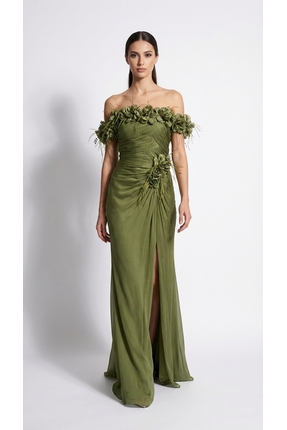 BDM Exclusive Rosaline El İşçiliği Çiçek Detaylı Drapeli Uzun Abiye