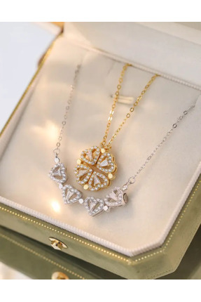 LEO Zirkon Taşlı Kalpli Mıknatıslı Yonca Kolye Gold