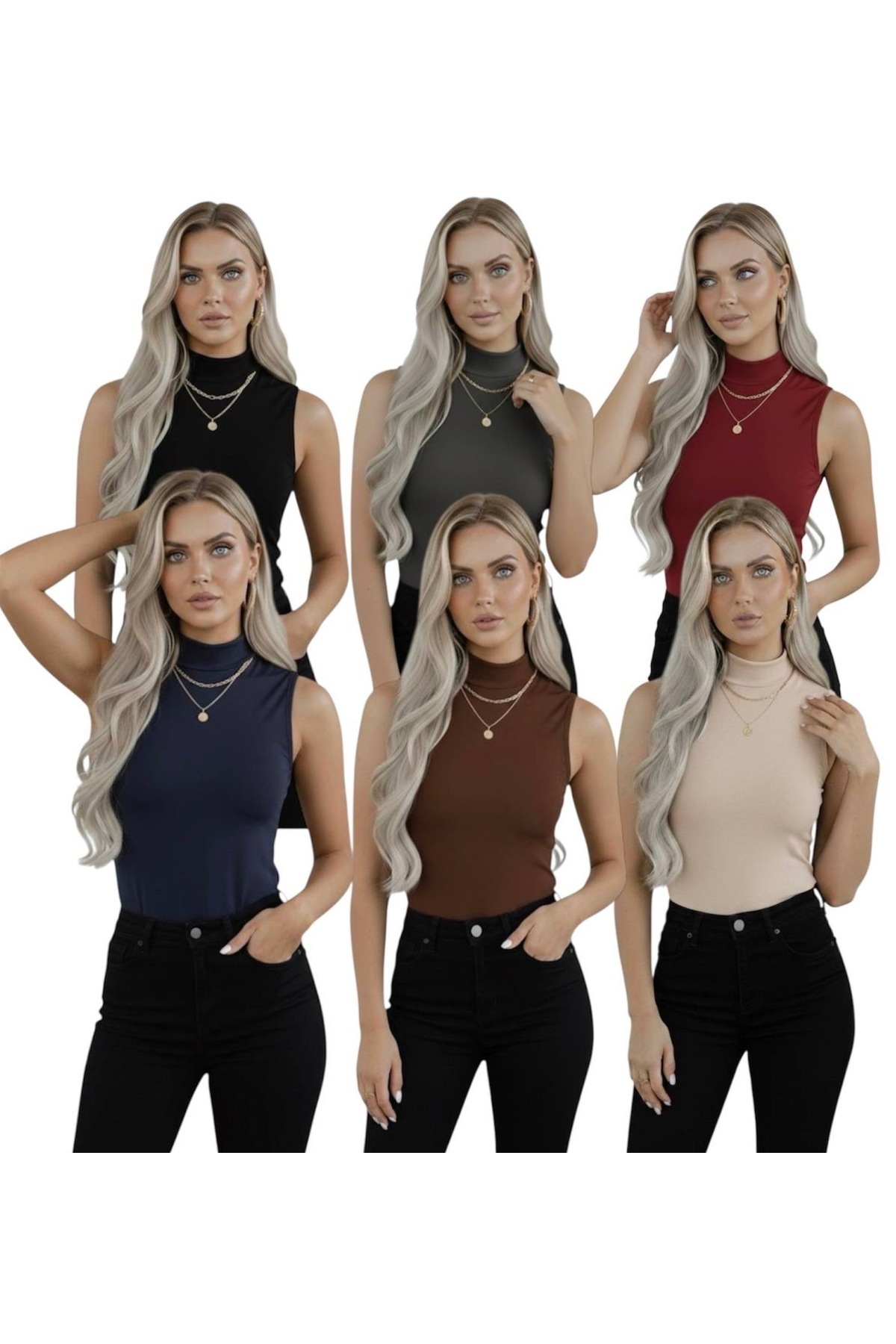 Women's 6-Pack Zero Sleeve Sleeveless Body Viscose Throat Waistline 6 Pcs Turtleneck