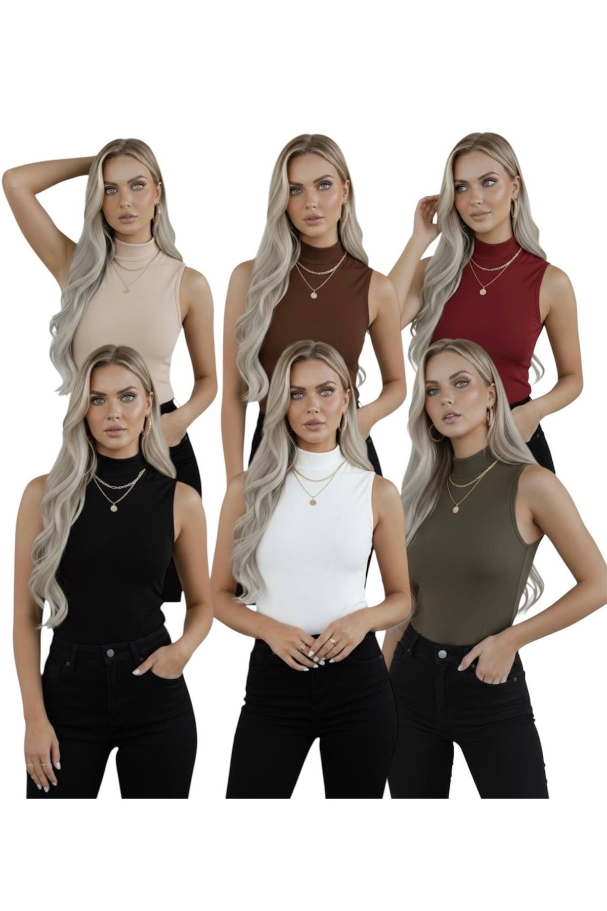 Women's 6-Pack Zero Sleeve Sleeveless Body Viscose Throat Waistline 6 Pcs Turtleneck