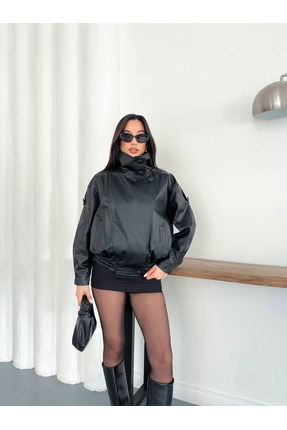 Astra Plus ZRA Model Siyah Boğazlı Düğmeli Deri Ceket Kadın - Siyah - ASTPSZR...