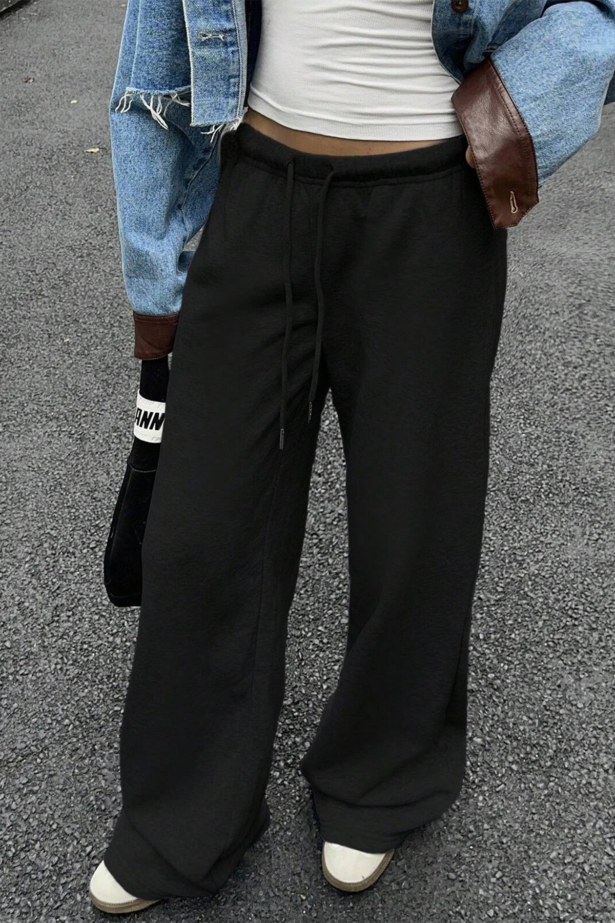 Sun Victoria  Siyah Modal Premium Kumaş Yüksek Bel Baggy Bol Paça Eşofman Altı - Görsel 3