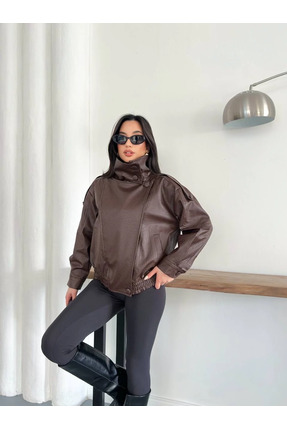 Astra Plus ZRA Model Boğazlı Kahverengi Düğmeli Deri Ceket Kadın - Kahverengi...