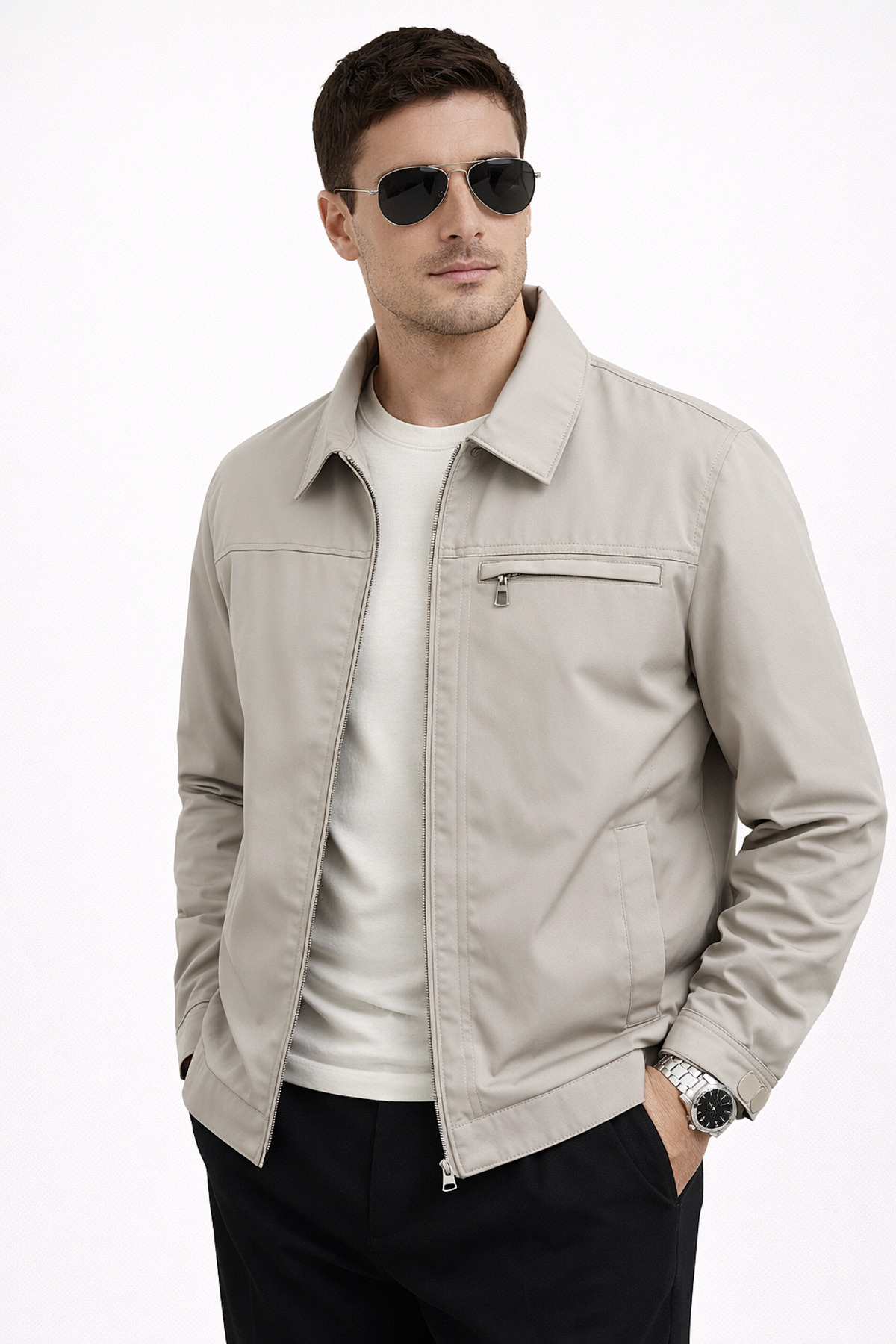 REGOS  Erkek Krem Yaka ve Göğüs Cep Detaylı Premium Mevsimlik Mont&Ceket