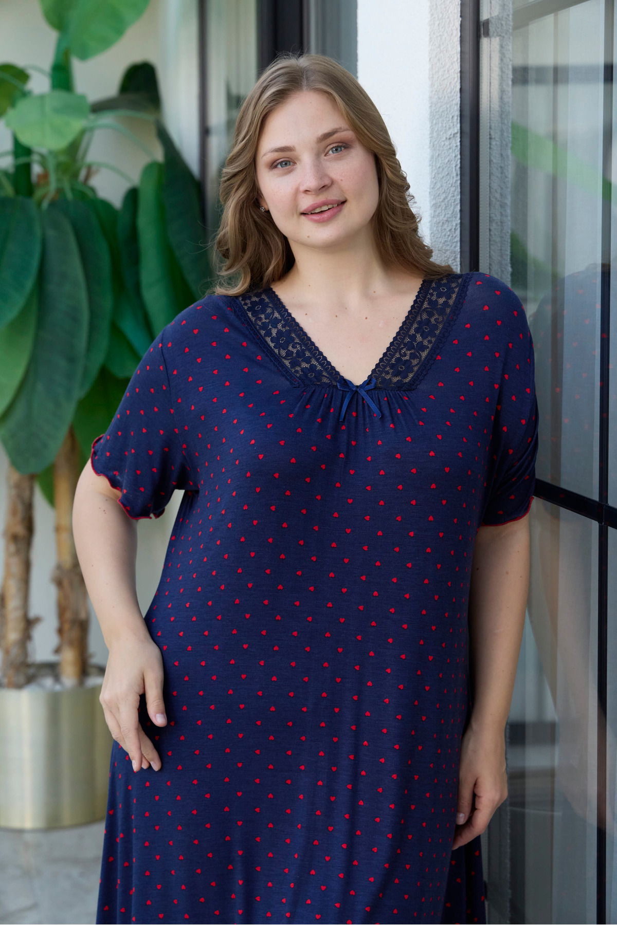 Navy Blue Heart Patterned Ring Viscose Short Sleeve Plus Size Dress