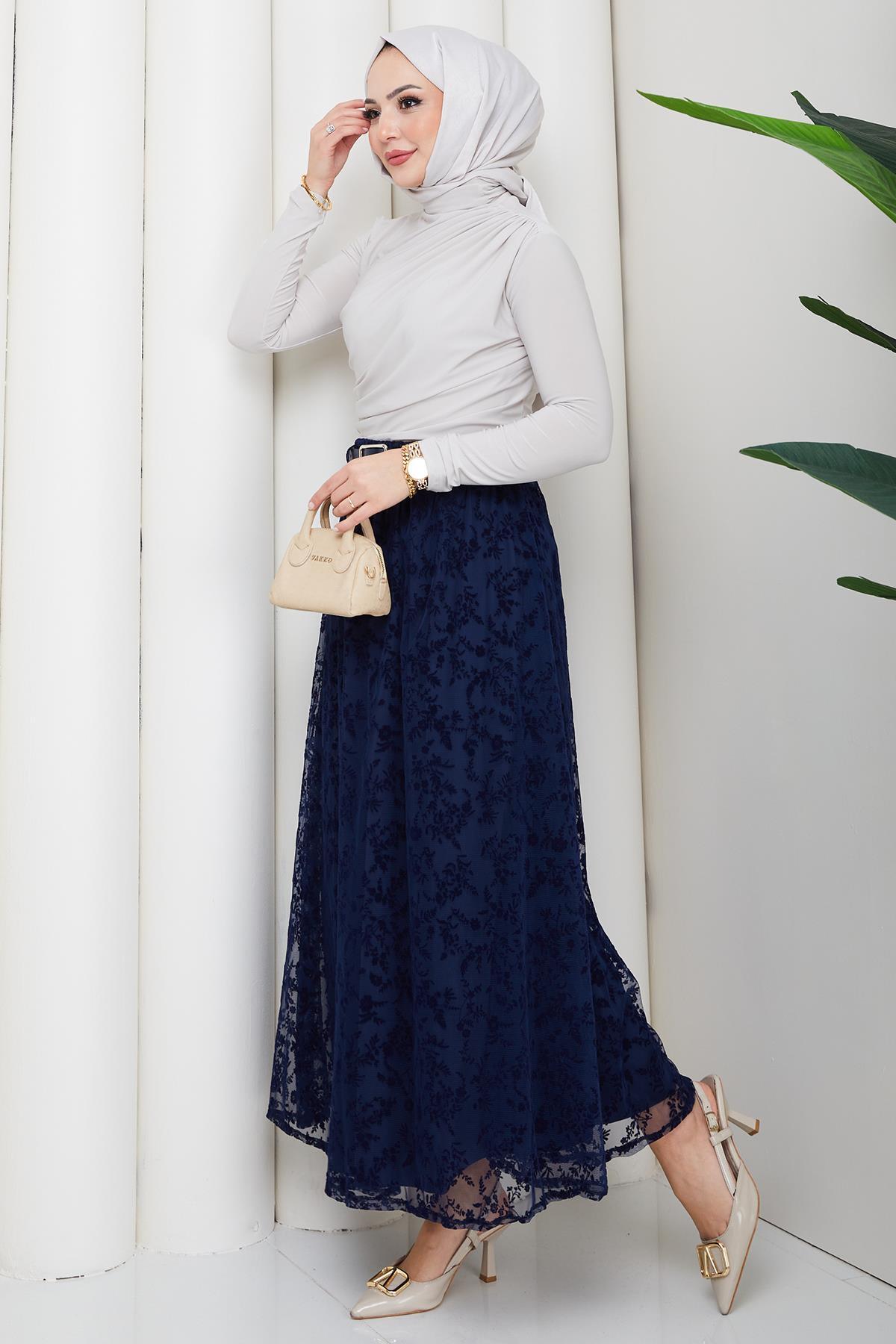 hafsamina  Astarlı Kemerli Çiçek Desenli Tül Etek Lacivert HM2877 - Görsel 8