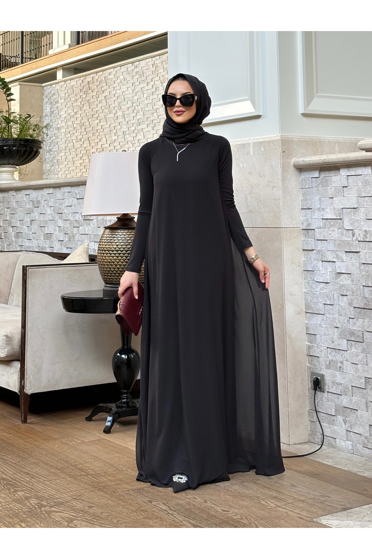 Mürdüm butik Şifon Detaylı Bahar Elbise-Siyah görsel 5