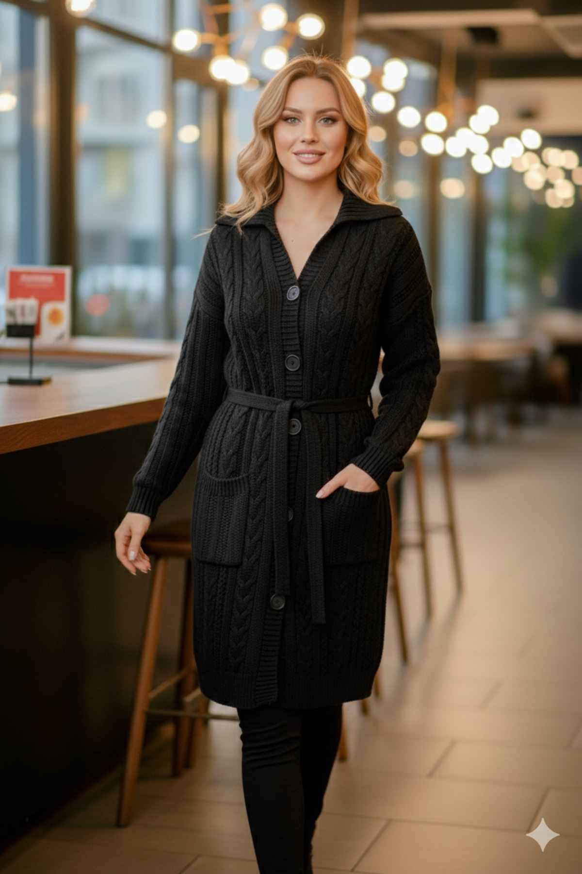 rushana Kadın uzun cepli kuşaklı triko geniş rahat kalıp geniş gömlek yaka