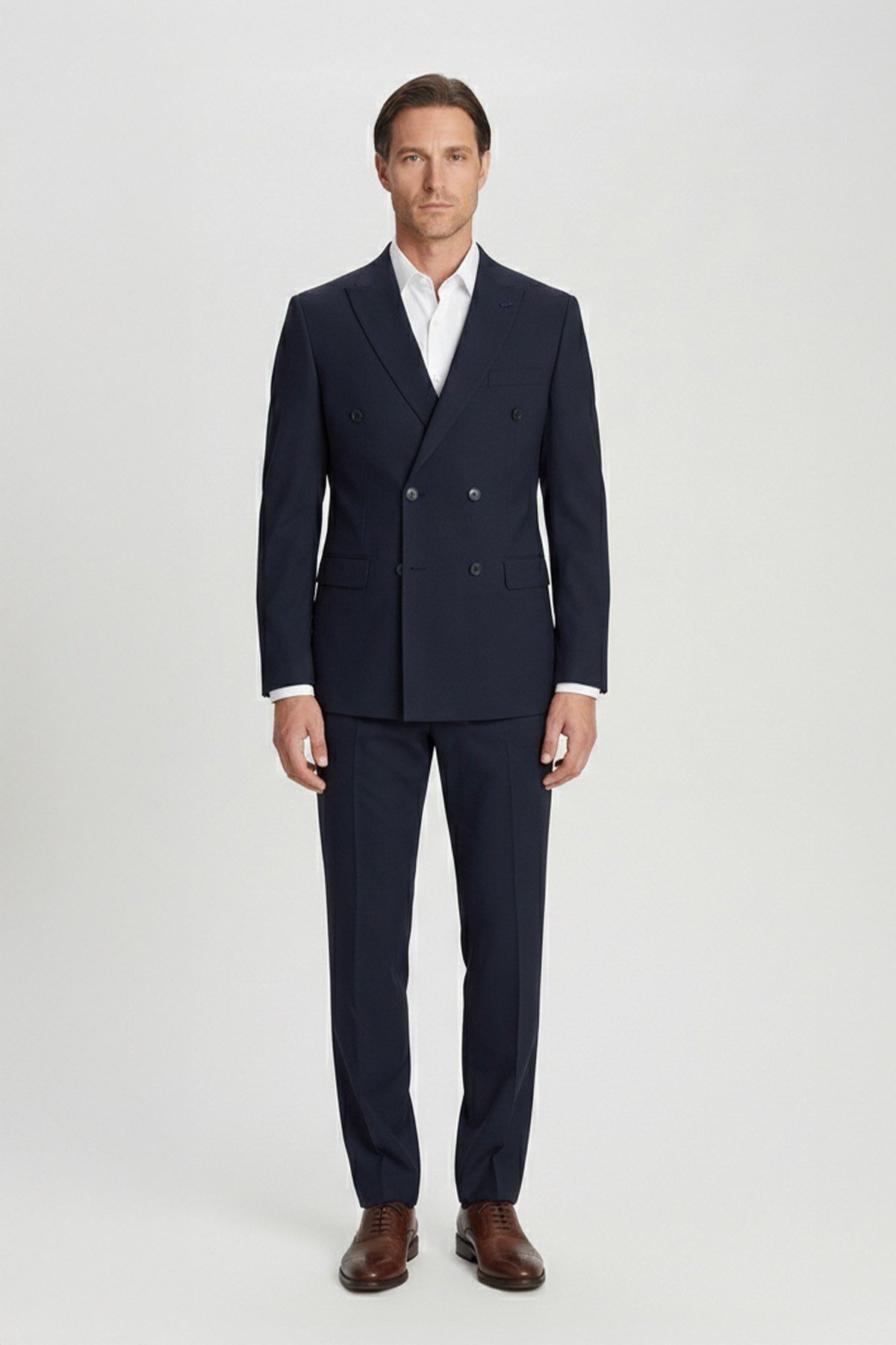 Sabri Özel  Giotelli Erkek Koyu Lacivert Comfort Fit Düz Kruvaze Yaka 6 Drop Dokuma Standart Boy Fleto Kapaklı C - Görsel 3