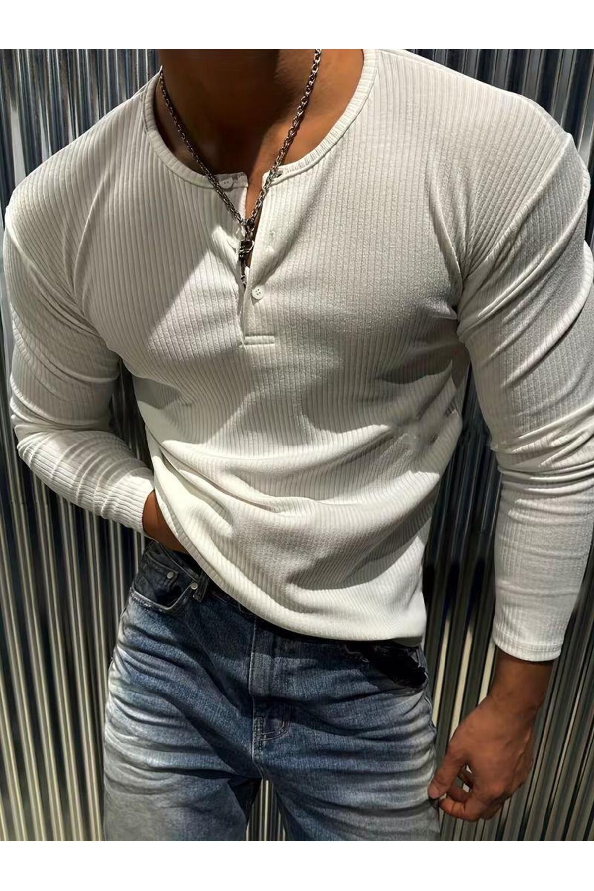 Oksit  Mecho Erkek Slim Fit Likralı Henley Yaka Uzun Kollu Tişört - Düğmeli Esnek Kumaş - Görsel 4