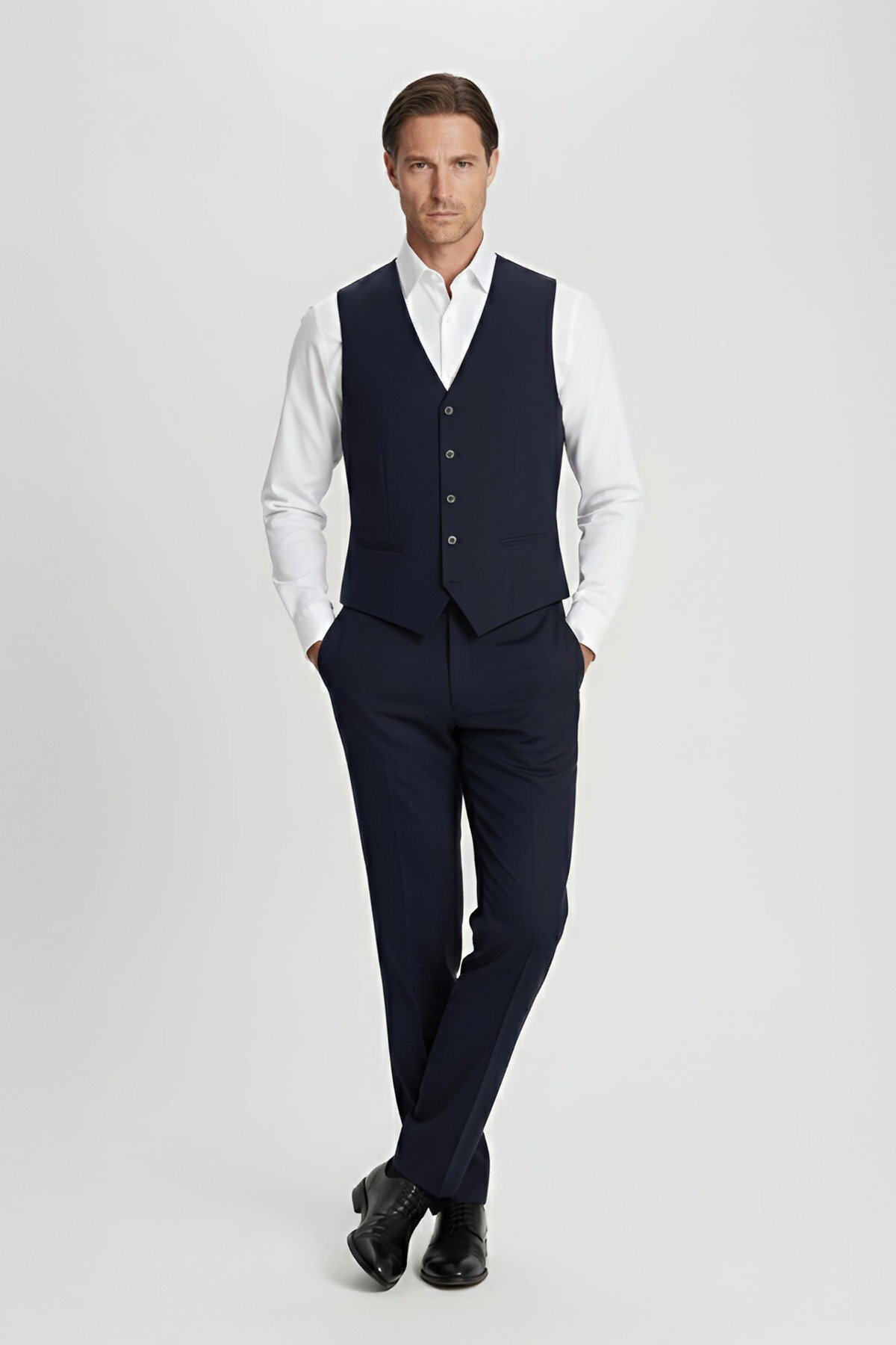 Sabri Özel  Giotelli Erkek Koyu Lacivert Comfort Fit Düz Kruvaze Yaka 6 Drop Dokuma Standart Boy Fleto Kapaklı C - Görsel 6