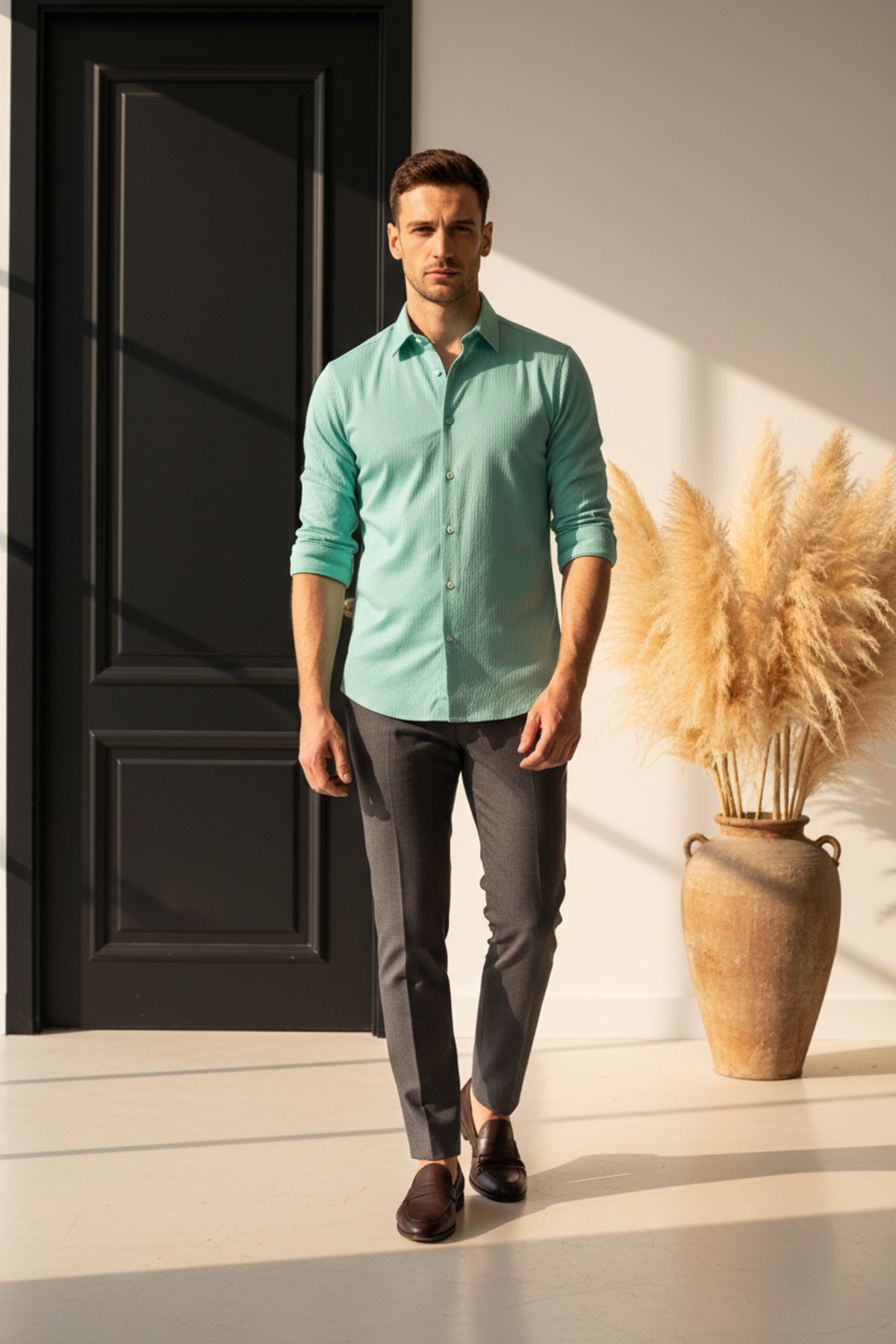 YŞRLİNE COLLECTİON  YŞR Erkek Siyah Uzun Kollu Gömlek – Slim Fit, Günlük & Klasik Şık