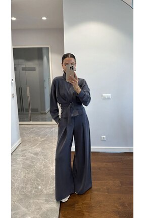 DEMORA Official Kemer detaylı fermuarlı geniş paça modal takım