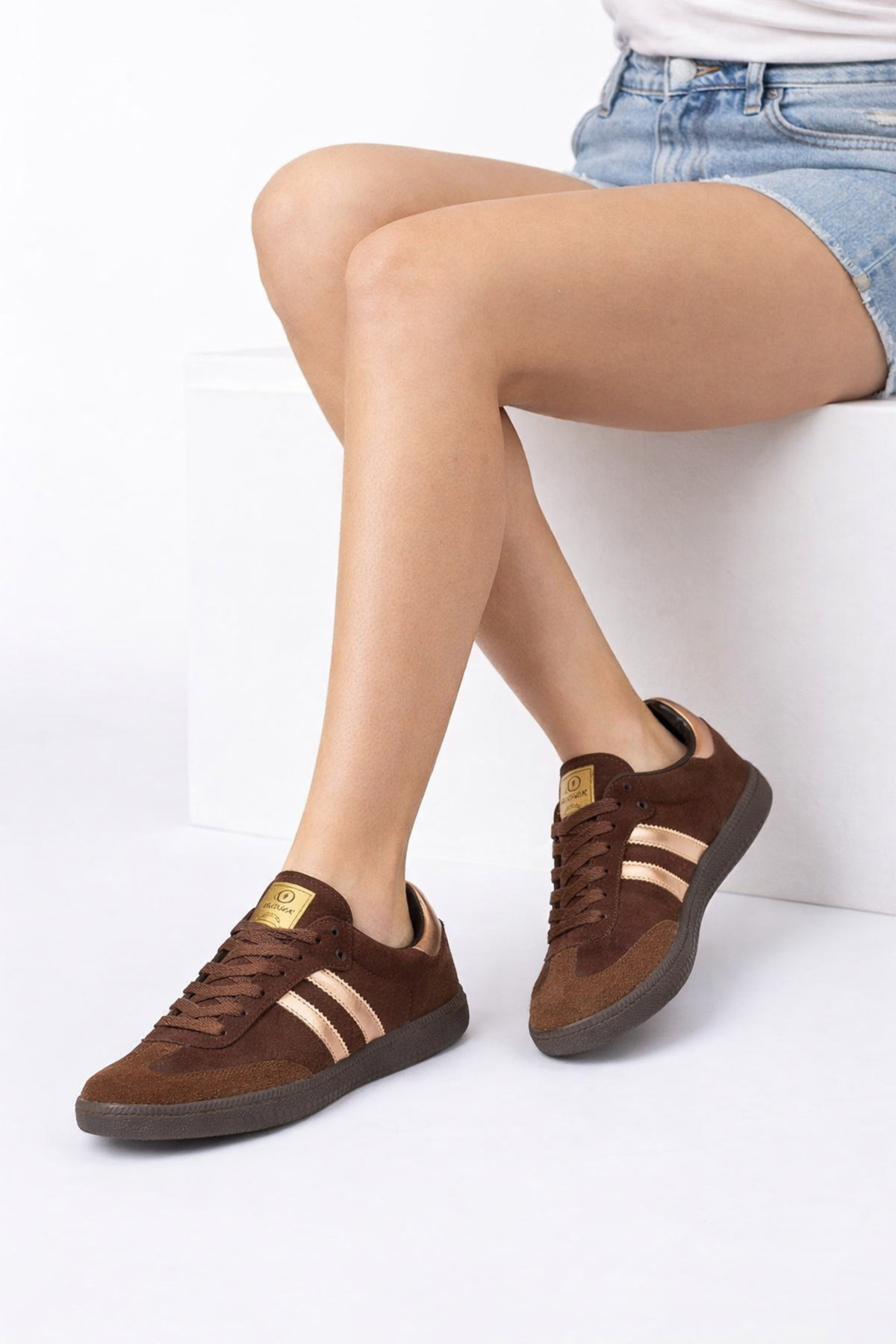 BLOWİA  Kadın Sneaker Süet Ayakkabı Kahverengi Rose Gold Detaylı Günlük Spor Ayakkabı